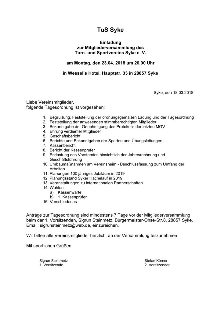 Einladung zur Mitgliederversammlung des Turn- und Sportvereins Syke e. V. am Montag, den 23.04. 2018 um 20.00 Uhr in Wessel’s Hotel